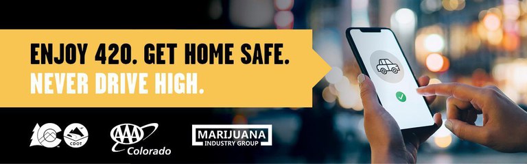 A person holding phone - Screen says Enjoy 420. Get home safe.  Never drive high