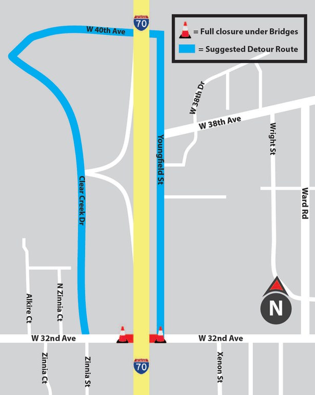 I-70 at 32nd Ave project closure map