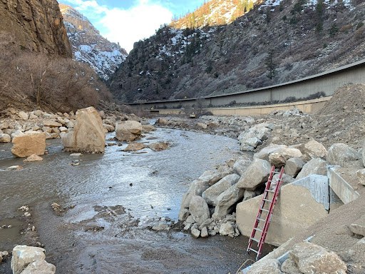 I-70 Glenwood Canyon before roadway repairs - river and rocks