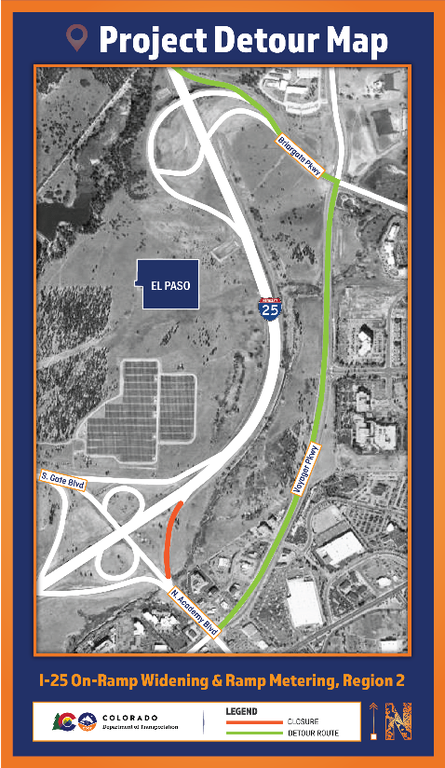 I-25 northbound North Academy Boulevard on-ramp CLOSURE  Detour Route (see map)  To access northbound I-25 from N. Academy Blvd., motorists will turn right on Voyager Pkwy to Briargate Pkwy, turn left Stay in the right lane to access the I-25 northbound on-ramp