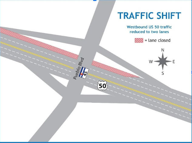 US 50 Pueblo Boulevard Traffic Shift Map to US 50 detail image