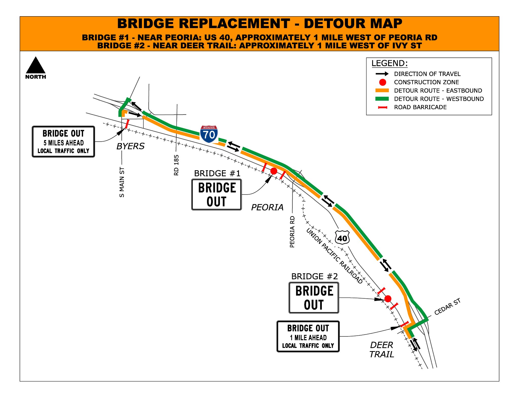 US 40 Peoria and Deer Trail Bridge Replacement Detour Map detail image