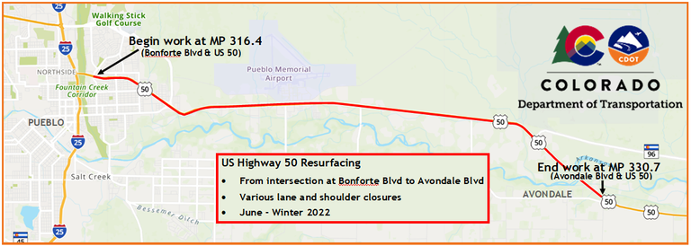US 50 Pueblo to Avondale Resurfacing project map
