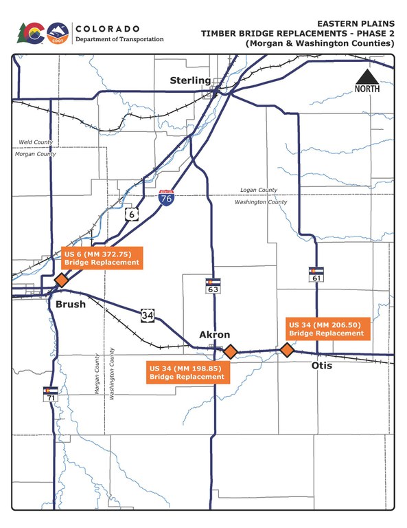 Morgan and Washington counties, eastern plains timber bridge replacements - phase 2 - on US 6 mile point 372.75, US 34 mile point 198.85, and US 34 mile marker 206.50