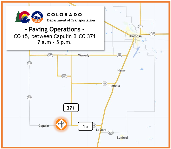 Paving operations map on CO 15 between Capulin and CO 371 from 7 a.m. to 5 p.m. Sept 5 to 14