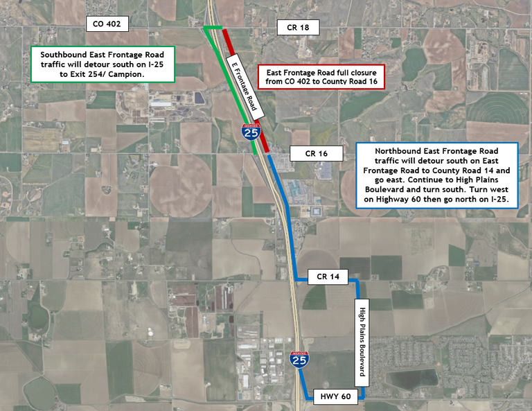 I-25 East Frontage Road near Johnstown Road Closure map
