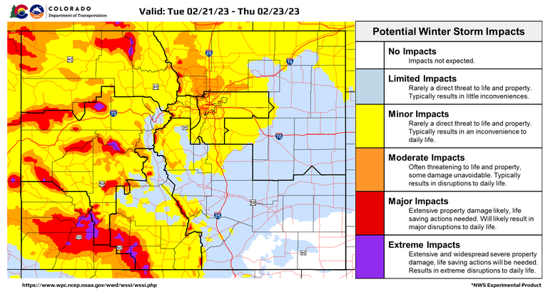 Potential Winter Storm impacts heat map 02212023 thru 022323