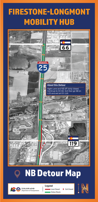 Firestone-Longmont Mobility Hub southbound I-25 detour map at Exit 240