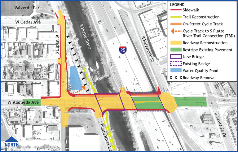 The image below is a map of the Alameda Bridge over I-25 improvements 