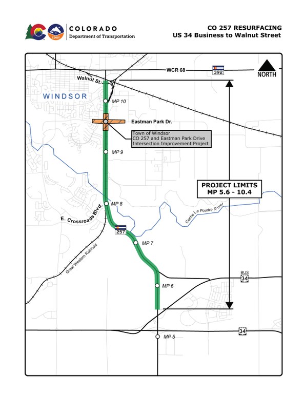 CO 257 work zone map from US 34 to Walnut in Greeley