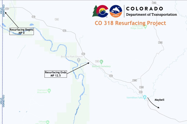 Map of project limits for a resurfacing project on Colorado Highway 318 from Utah/Colorado State Line to Maybell