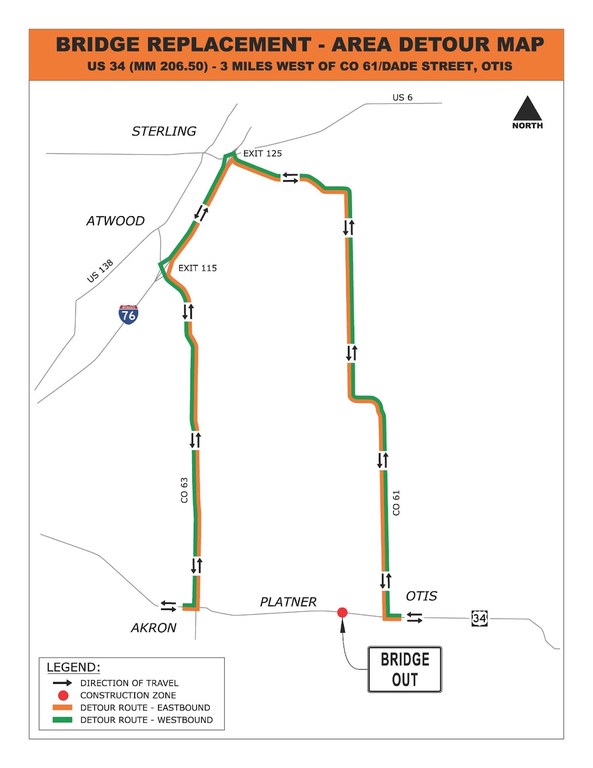 Bridge Replacement Area Detour Map on US 34 3 Miles west of CO 6-Dade Street OTIS