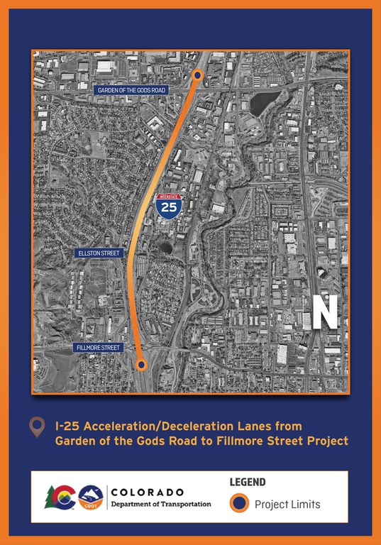 I-25 acceleration and deceleration lanes from Garden of the Gods Road to Fillmore Street.
