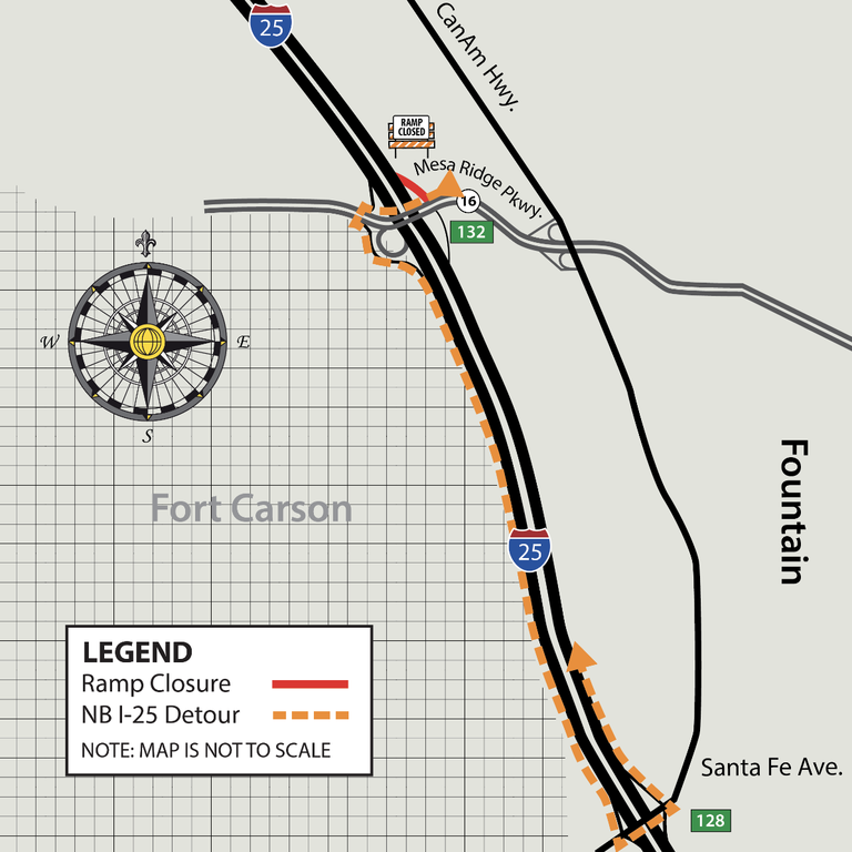 Detour map for northbound I-25 on-ramp closure
