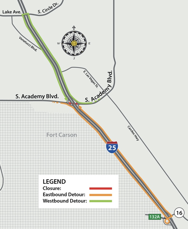 Detour map for South Academy Boulevard closure