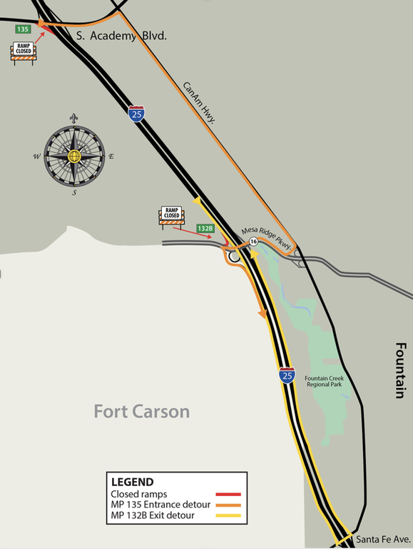 I-25 in Fort Carson detour map at Exit 132B to CanAm Highway.png